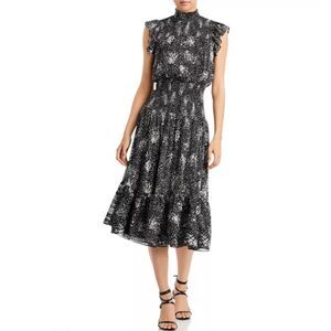 Aqua Ruffled Printed Smocked Waistband Flutter Sleeve Midi Dress Size Medium